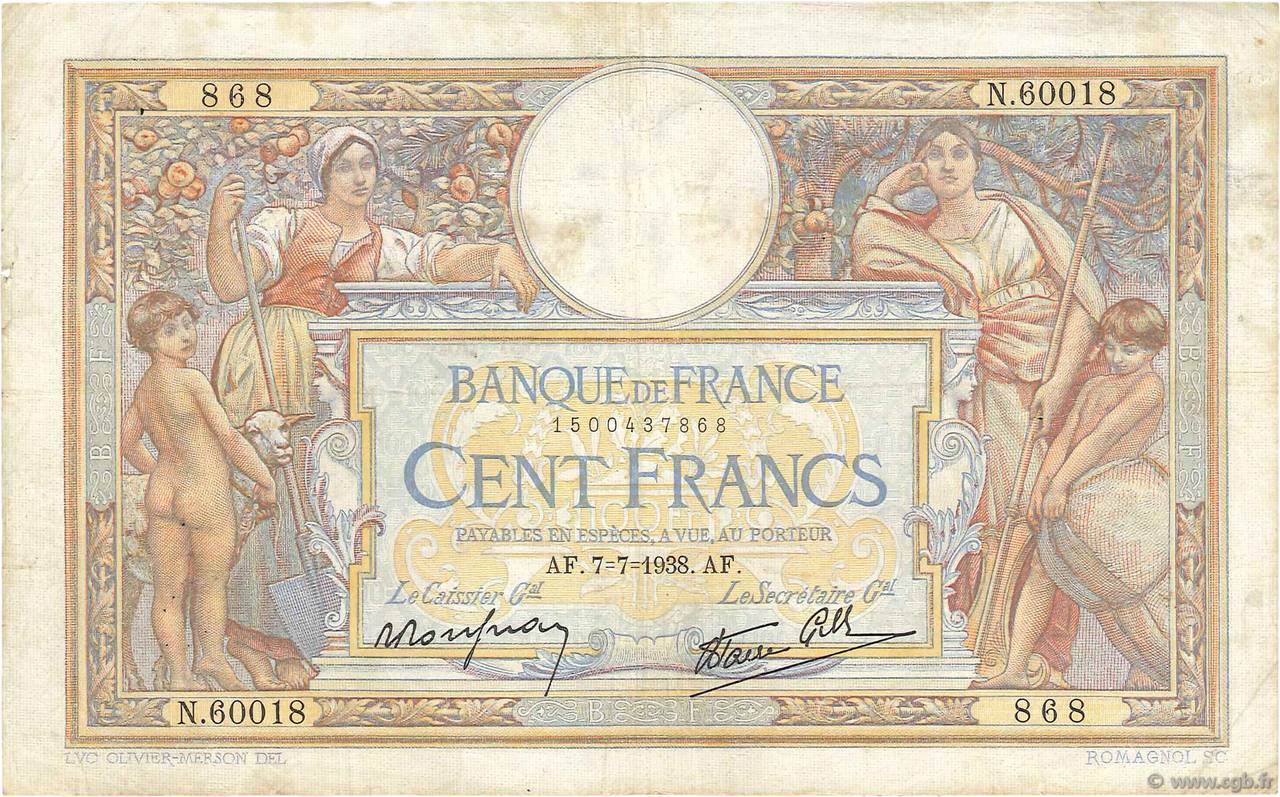 100 Francs LUC OLIVIER MERSON type modifié FRANCIA  1938 F.25.25 BC