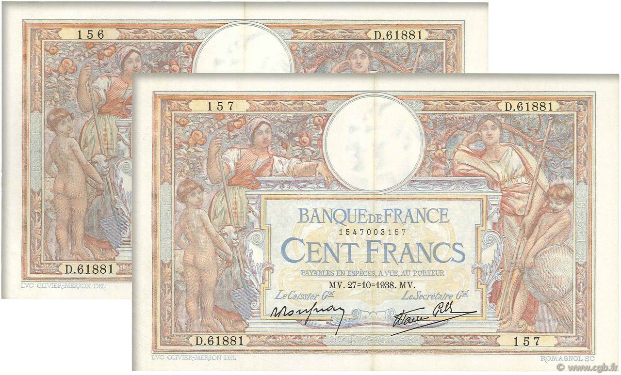 100 Francs LUC OLIVIER MERSON type modifié Consécutifs FRANKREICH  1938 F.25.33 fST
