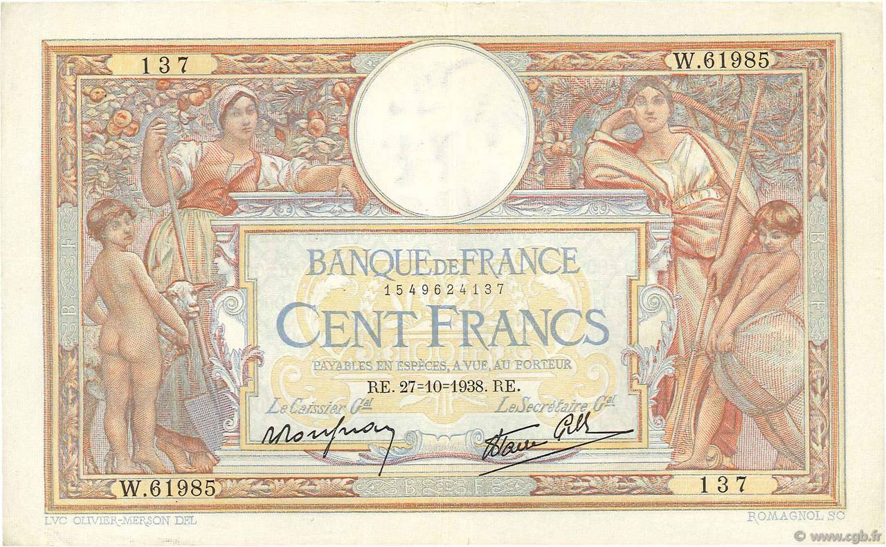 100 Francs LUC OLIVIER MERSON type modifié FRANCE  1938 F.25.33 TTB+