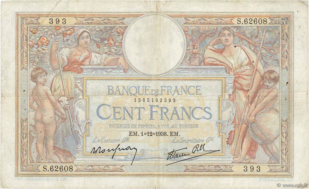 100 Francs LUC OLIVIER MERSON type modifié FRANCE  1938 F.25.35 F