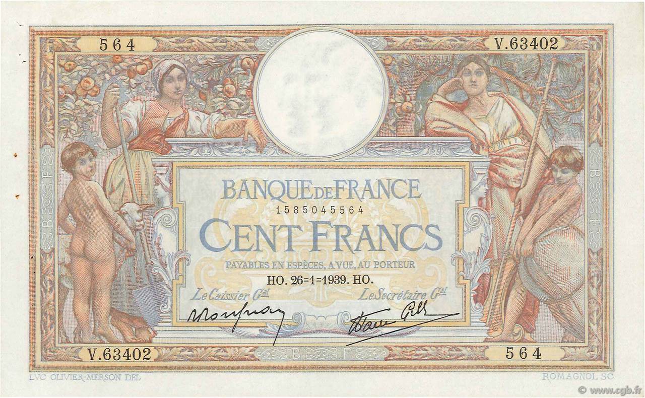 100 Francs LUC OLIVIER MERSON type modifié FRANCIA  1939 F.25.40 MBC+
