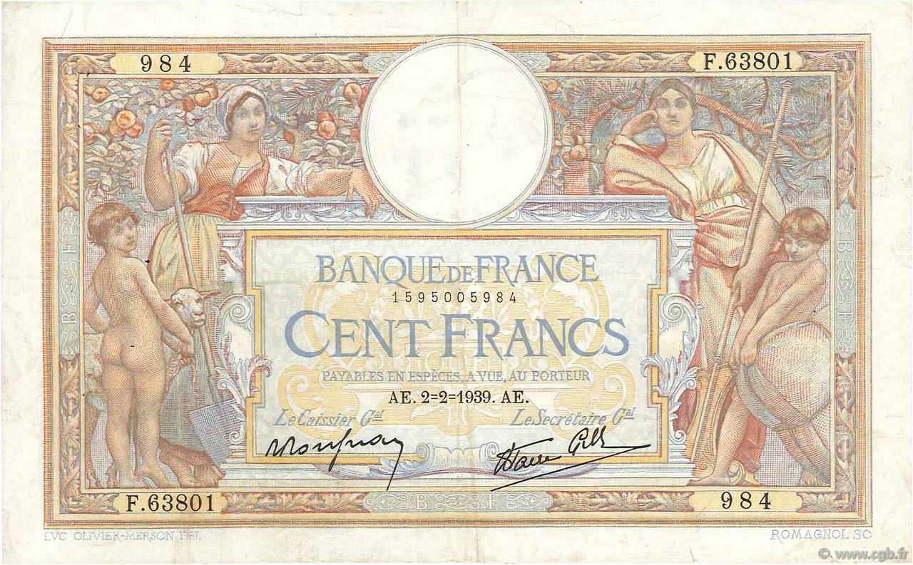 100 Francs LUC OLIVIER MERSON type modifié FRANCIA  1939 F.25.41 BC a MBC