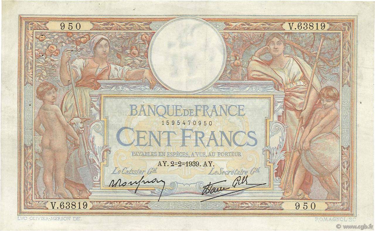 100 Francs LUC OLIVIER MERSON type modifié FRANCE  1939 F.25.41 TB+