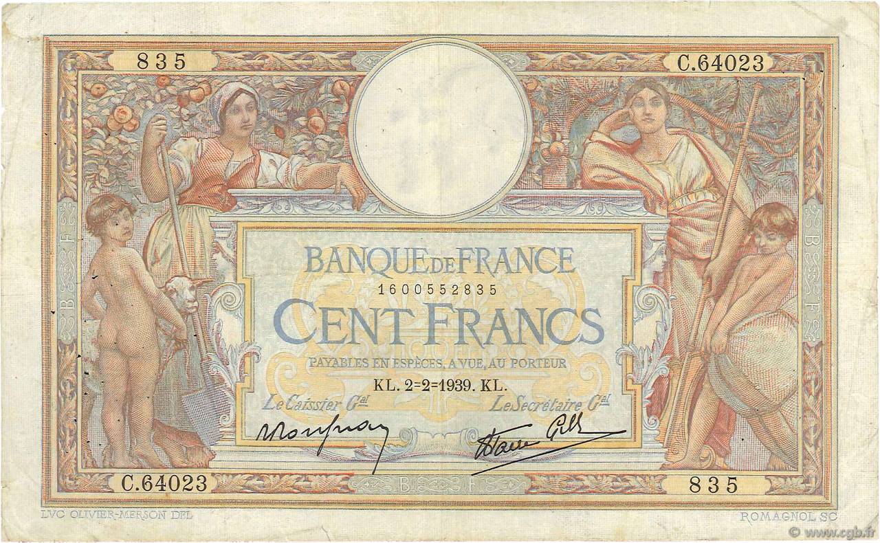 100 Francs LUC OLIVIER MERSON type modifié FRANCE  1939 F.25.41 TB