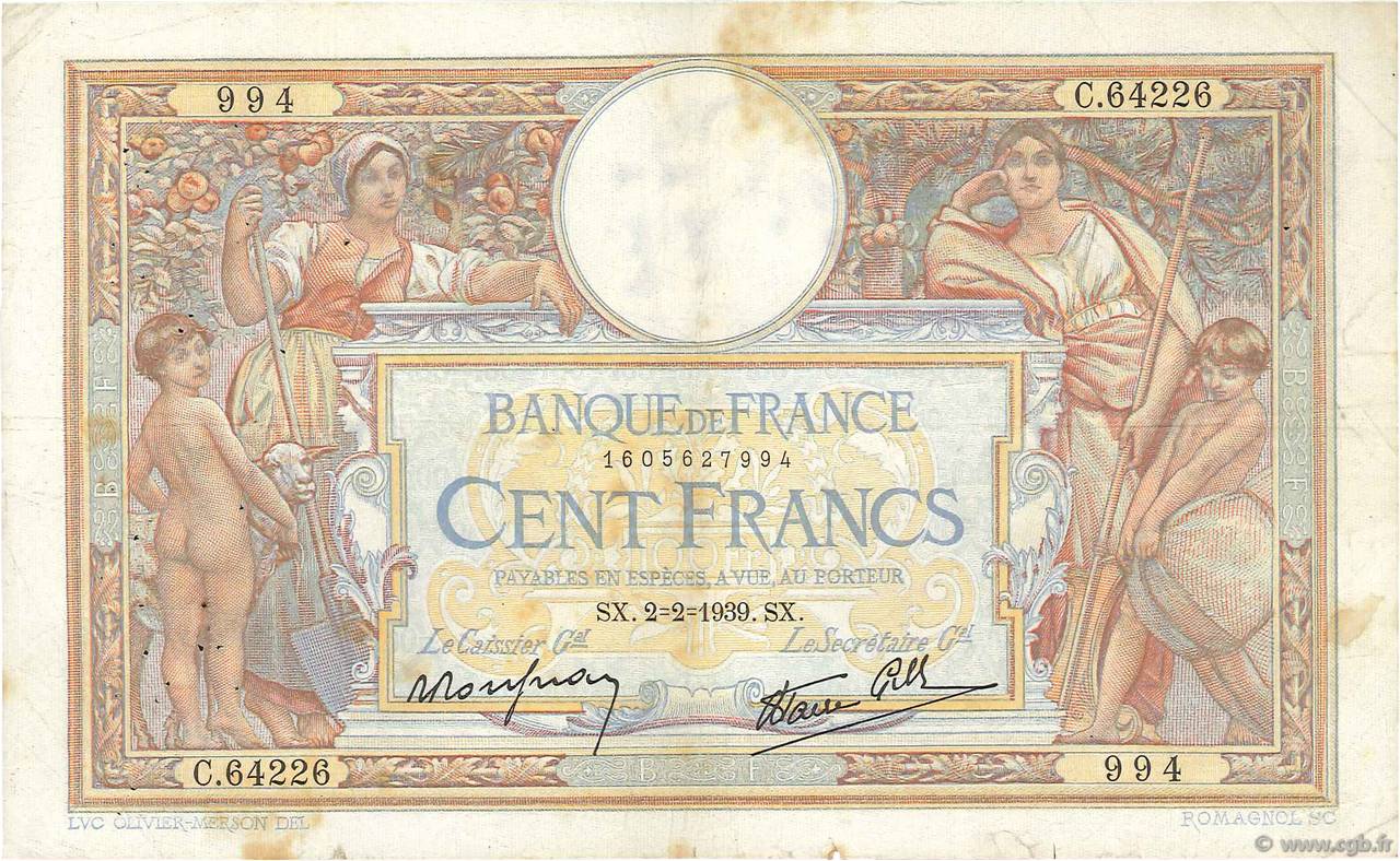 100 Francs LUC OLIVIER MERSON type modifié FRANCIA  1939 F.25.41 MB