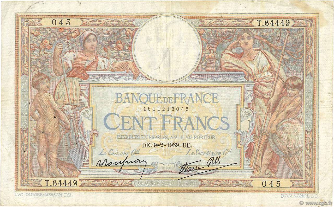 100 Francs LUC OLIVIER MERSON type modifié FRANCE  1939 F.25.42 TB