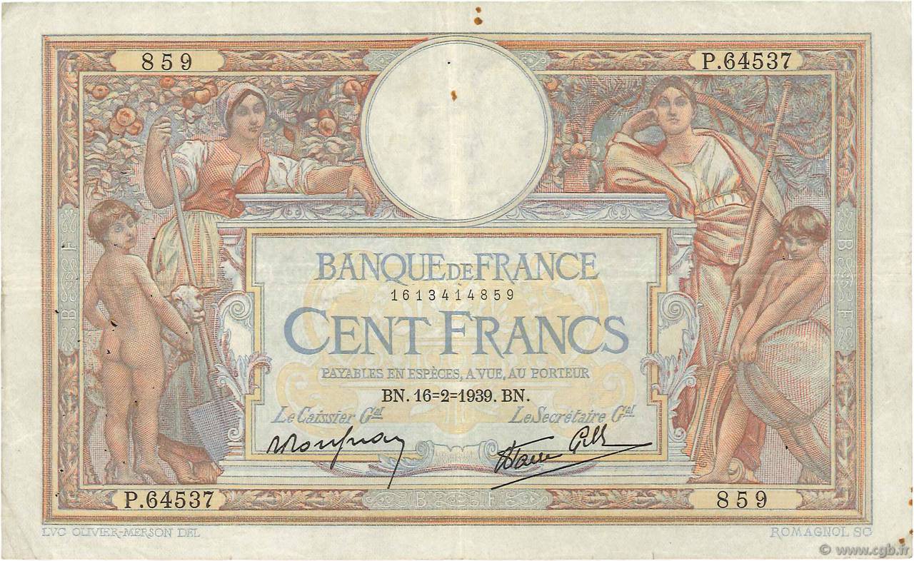 100 Francs LUC OLIVIER MERSON type modifié FRANCIA  1939 F.25.43 MB a BB