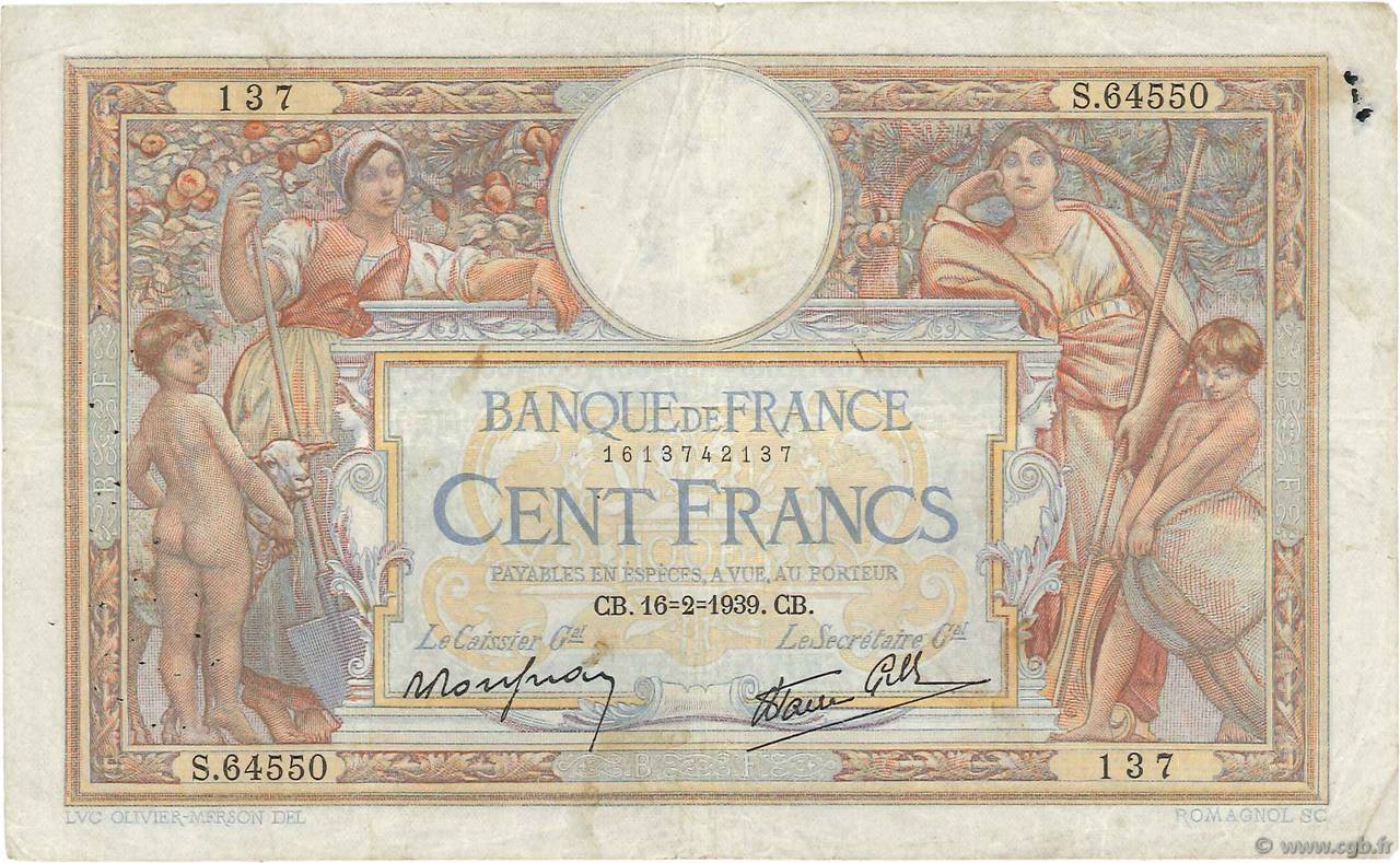 100 Francs LUC OLIVIER MERSON type modifié FRANCIA  1939 F.25.43 MB