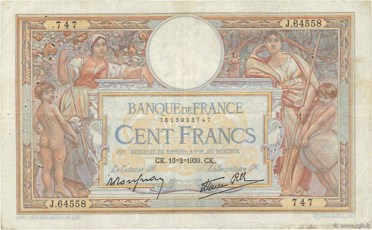 100 Francs LUC OLIVIER MERSON type modifié FRANKREICH  1939 F.25.43 fSS