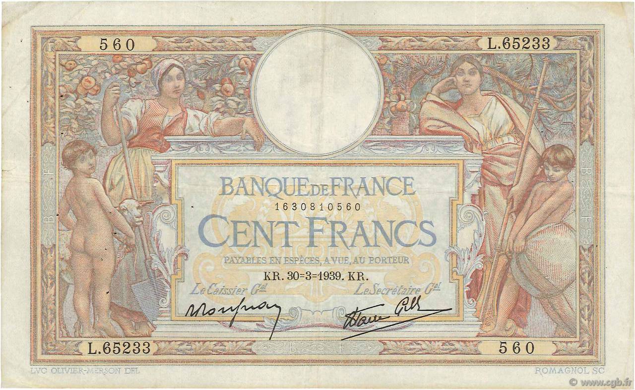 100 Francs LUC OLIVIER MERSON type modifié FRANCIA  1939 F.25.44 BB