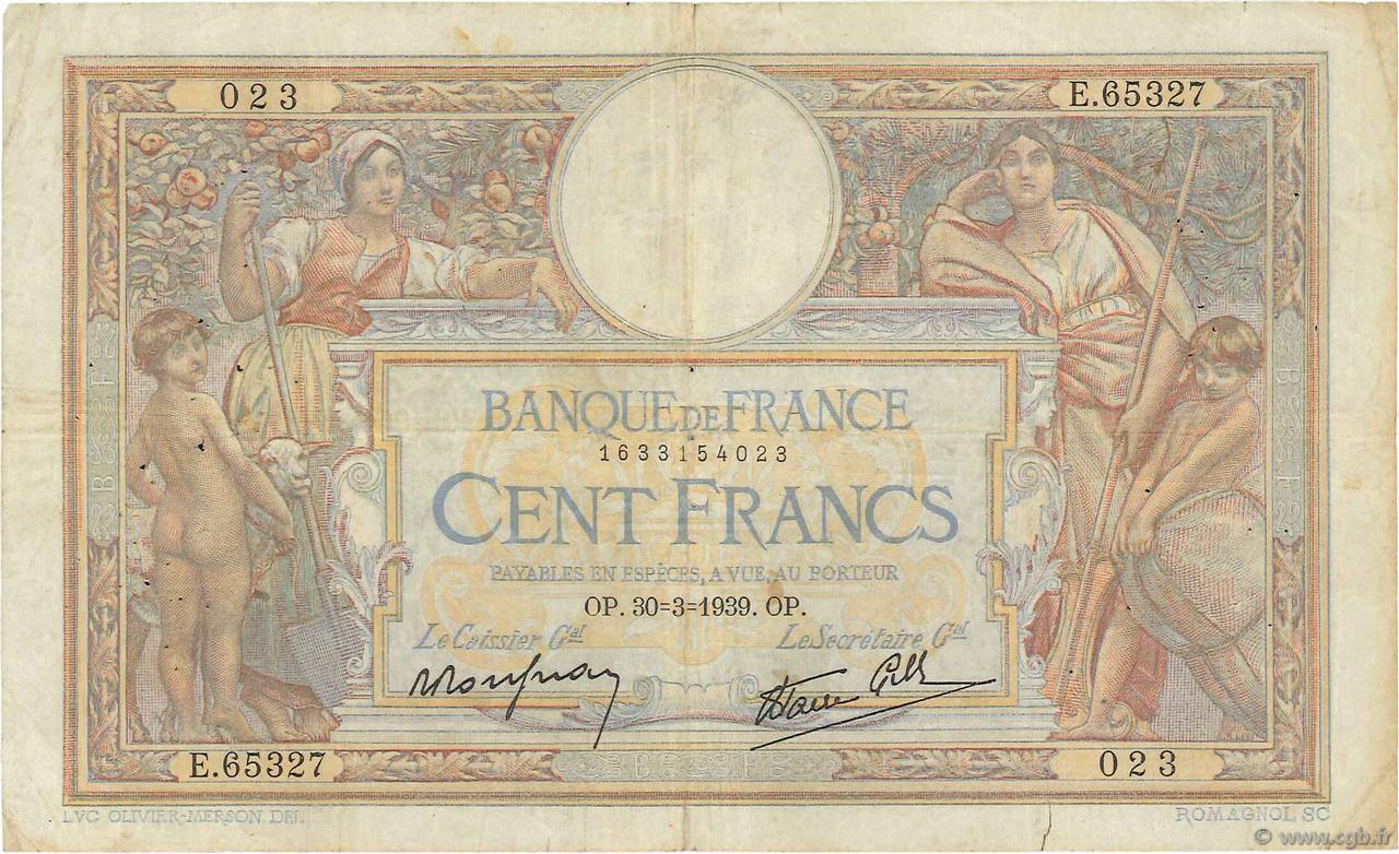 100 Francs LUC OLIVIER MERSON type modifié FRANCIA  1939 F.25.44 MB