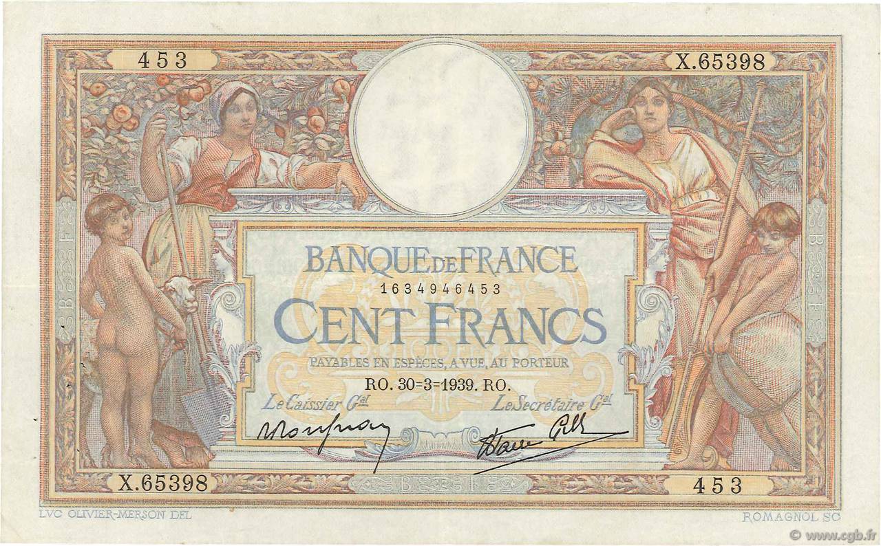 100 Francs LUC OLIVIER MERSON type modifié FRANCE  1939 F.25.44 VF+