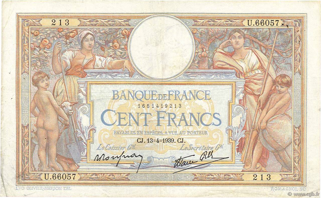 100 Francs LUC OLIVIER MERSON type modifié FRANCIA  1939 F.25.46 MB