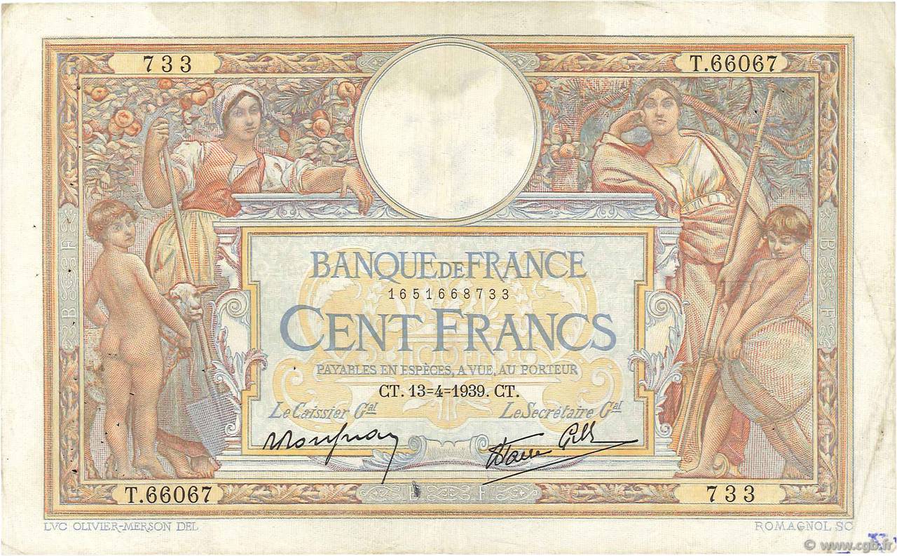 100 Francs LUC OLIVIER MERSON type modifié FRANCIA  1939 F.25.46 MB