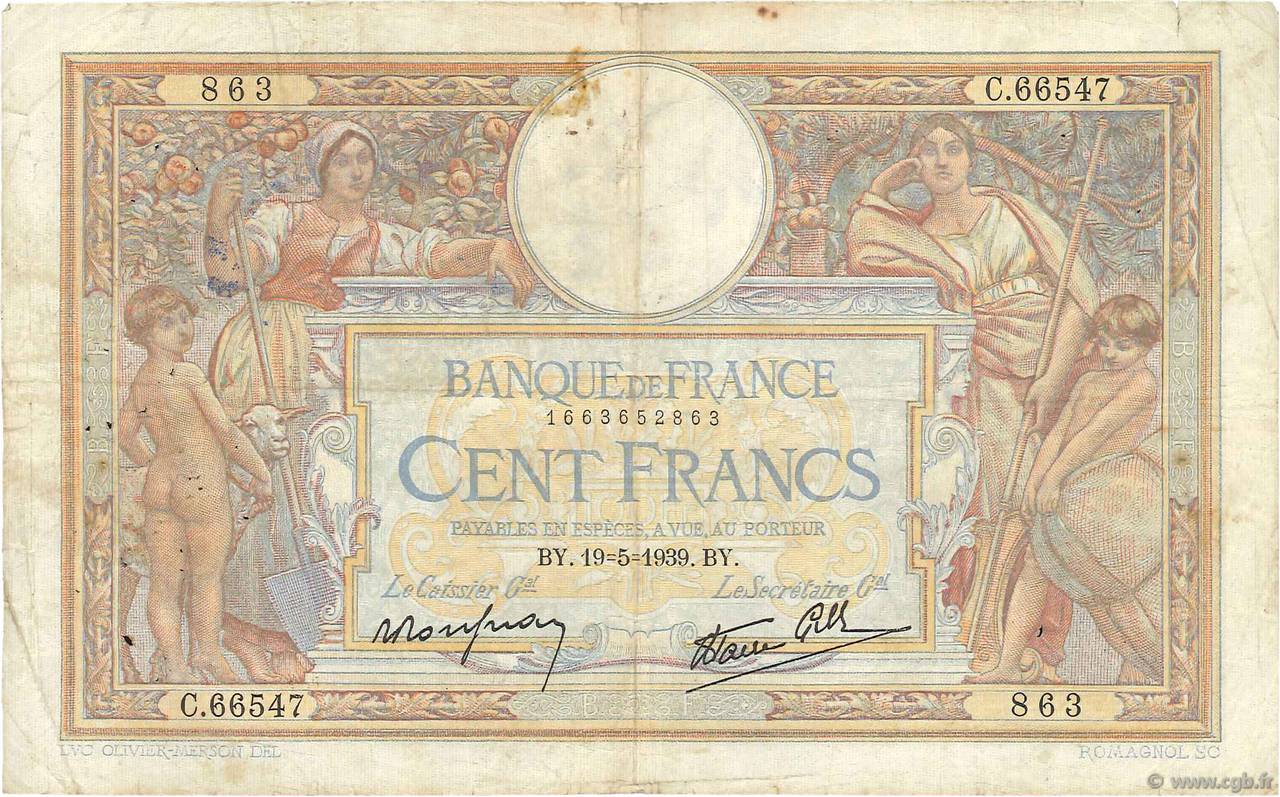 100 Francs LUC OLIVIER MERSON type modifié FRANCIA  1939 F.25.47 BC
