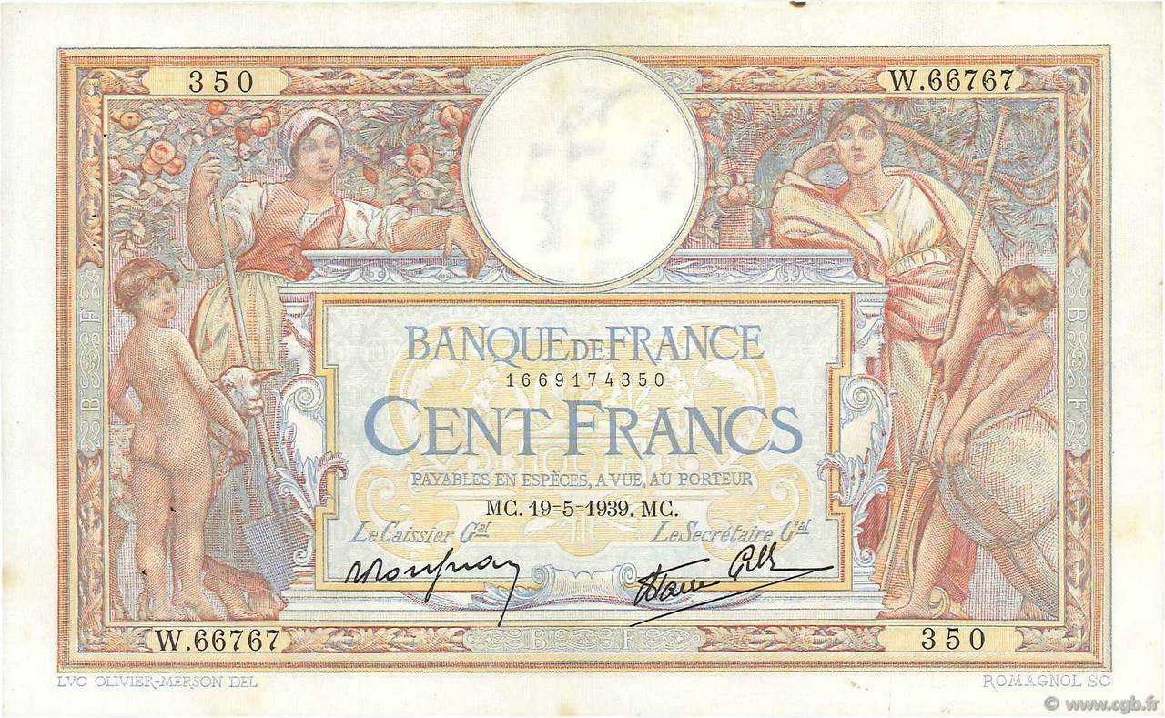 100 Francs LUC OLIVIER MERSON type modifié FRANCIA  1939 F.25.47 SPL
