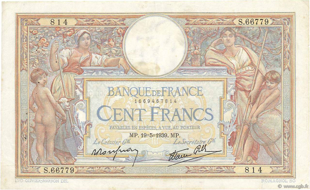 100 Francs LUC OLIVIER MERSON type modifié FRANCE  1939 F.25.47 pr.TTB
