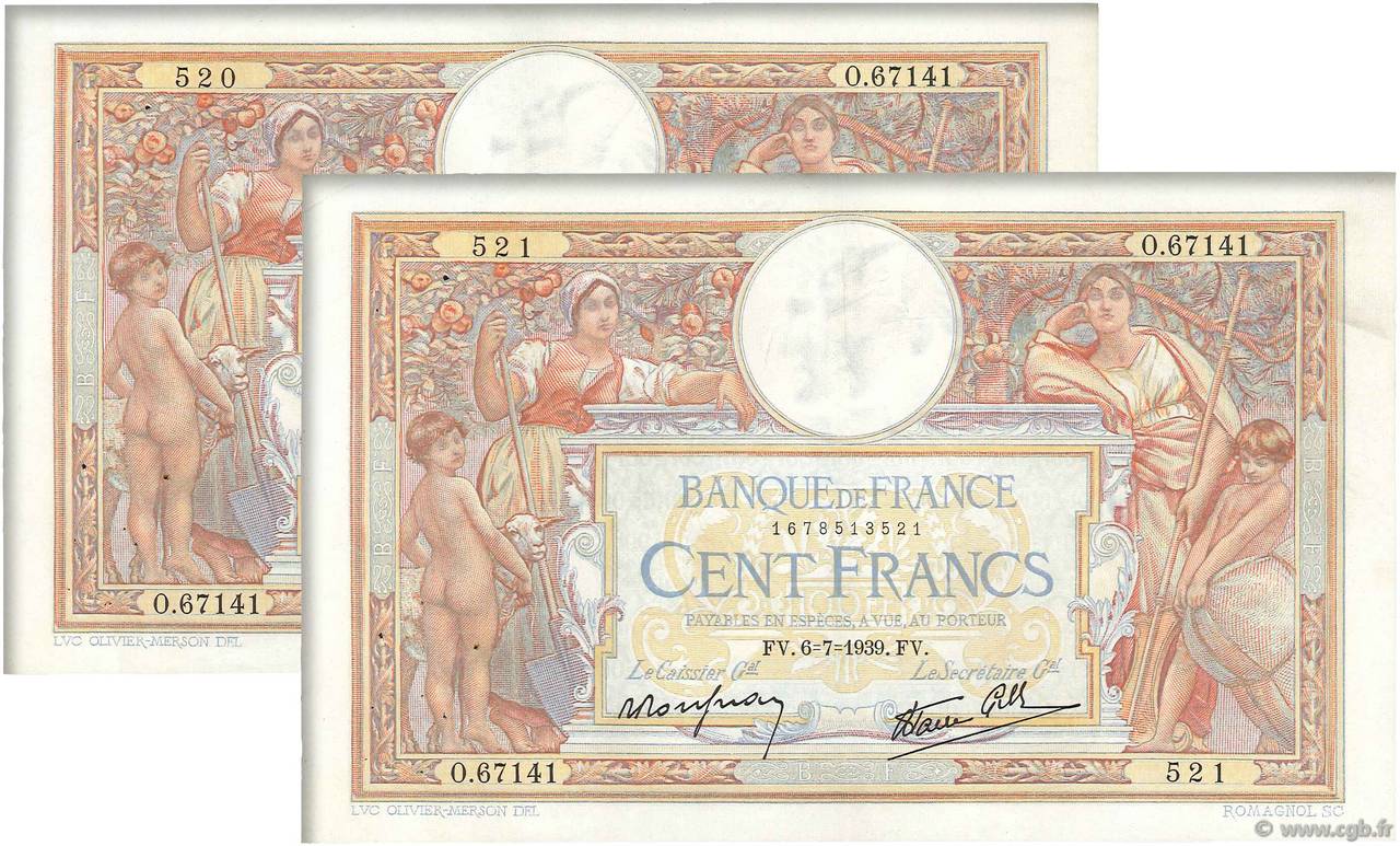 100 Francs LUC OLIVIER MERSON type modifié Consécutifs FRANCIA  1939 F.25.48 MBC+