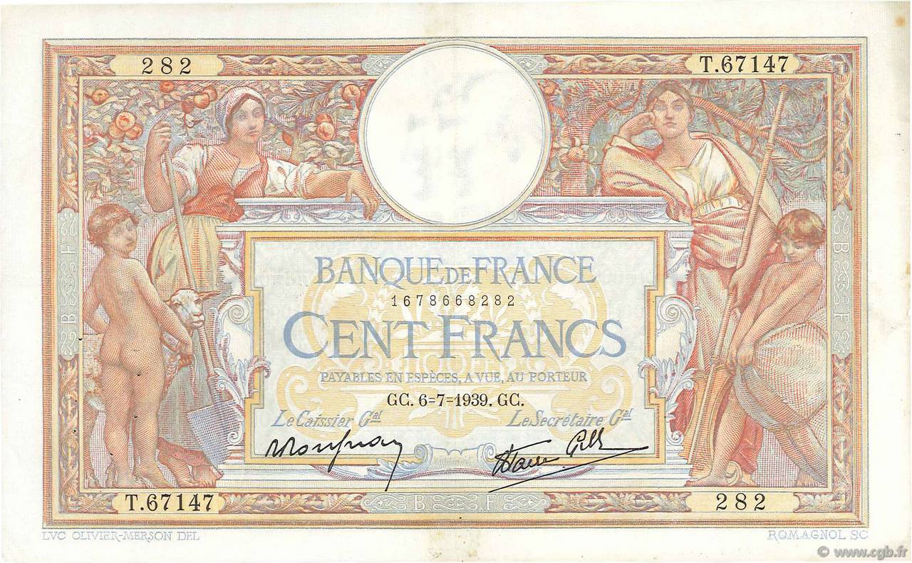 100 Francs LUC OLIVIER MERSON type modifié FRANCIA  1939 F.25.48 MBC+
