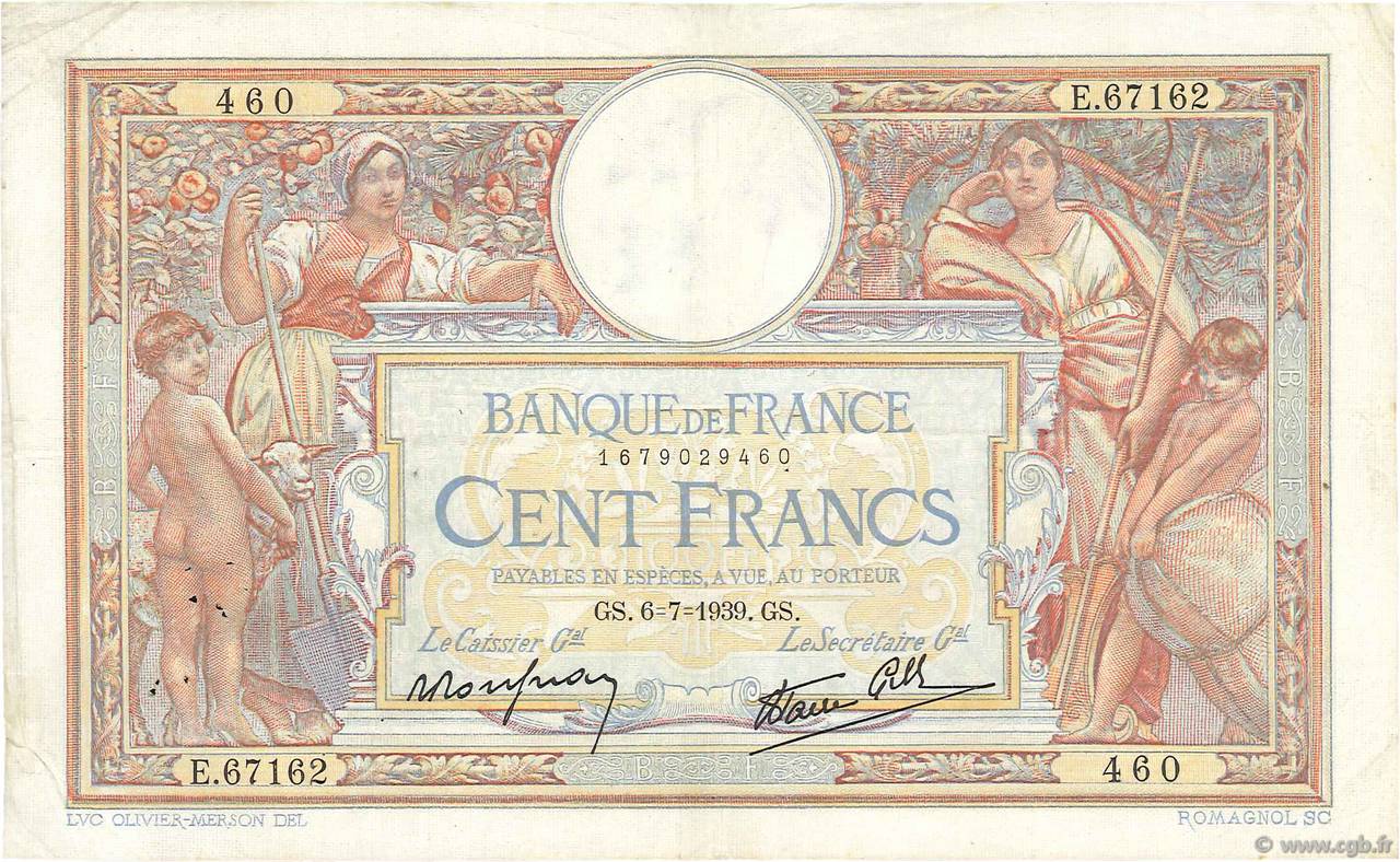 100 Francs LUC OLIVIER MERSON type modifié FRANCE  1939 F.25.48 VF