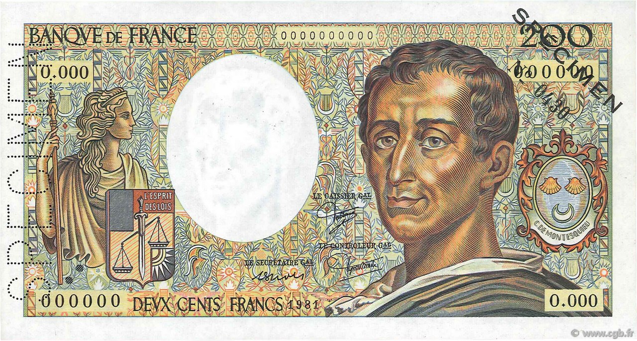 200 Francs MONTESQUIEU Spécimen FRANCE  1981 F.70.01Spn UNC-