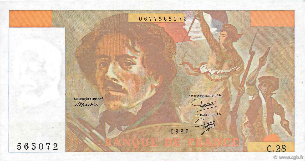 100 Francs DELACROIX modifié Fauté FRANCE  1980 F.69.04a XF+