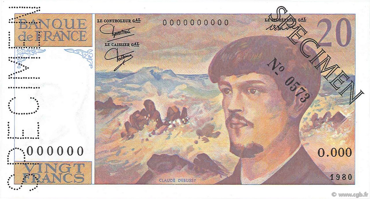 20 Francs DEBUSSY Spécimen FRANKREICH  1980 F.66.01Spn2 ST