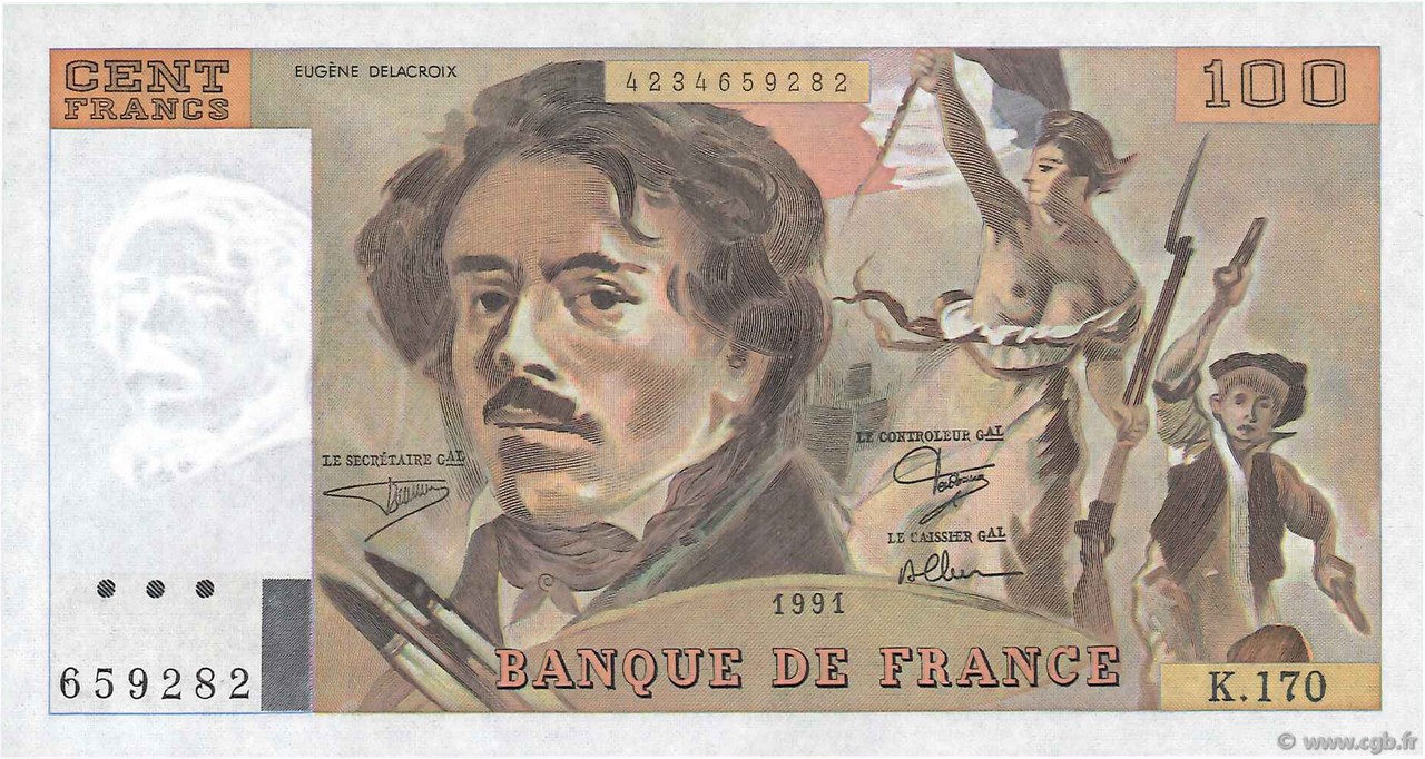100 Francs DELACROIX imprimé en continu FRANCE  1991 F.69bis.03a1 UNC-