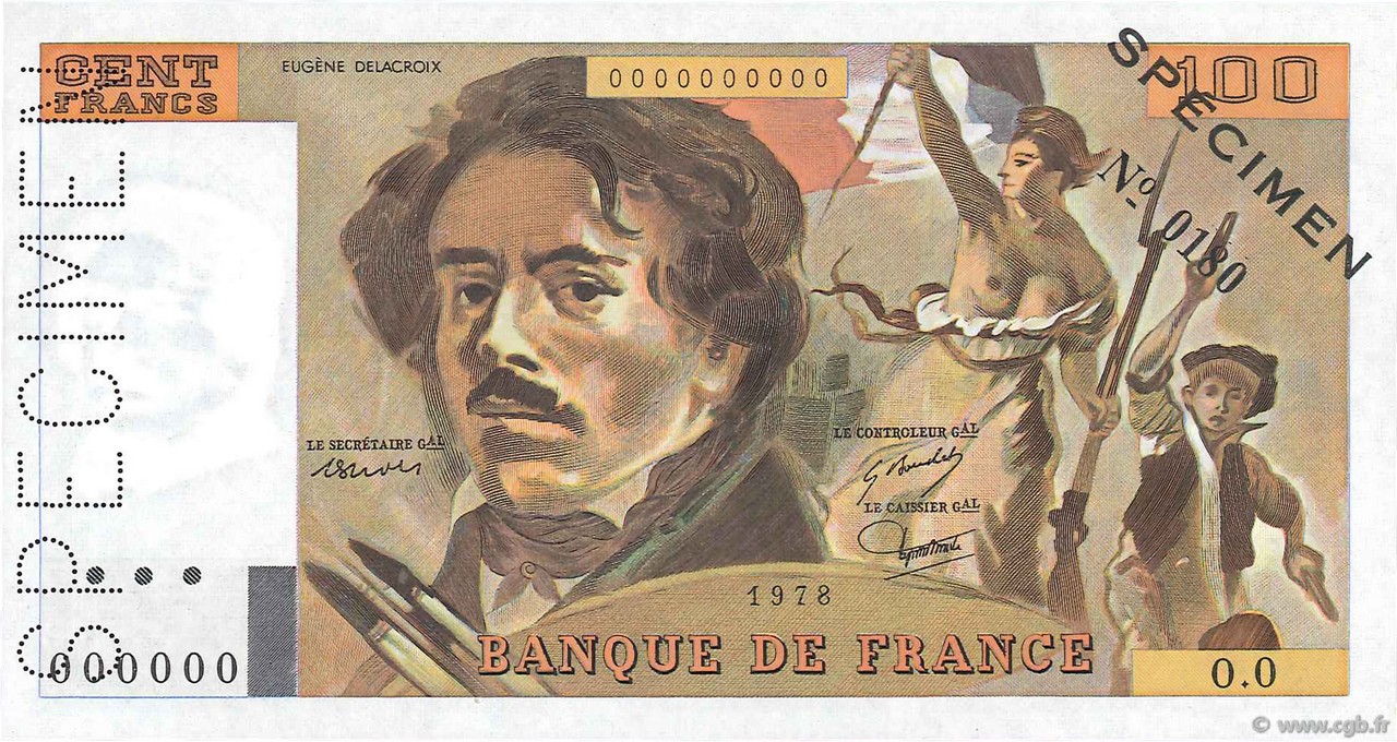 100 Francs DELACROIX Spécimen FRANCIA  1978 F.69.01Spn AU