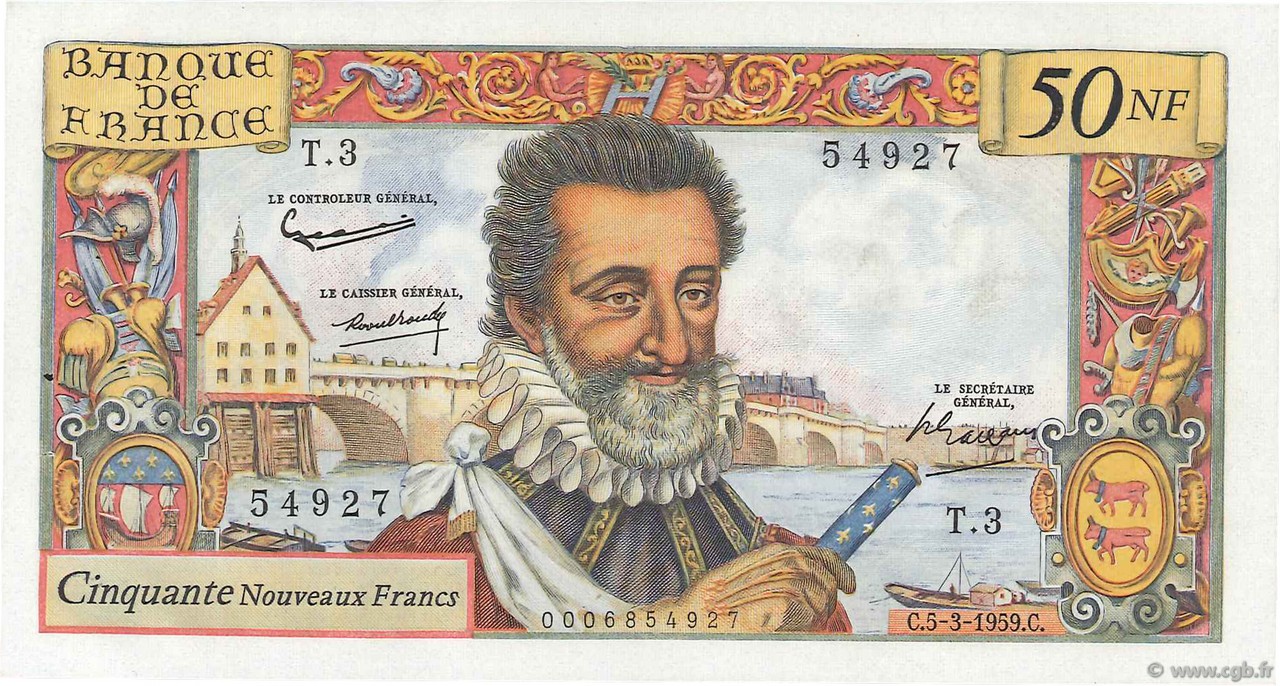 50 Nouveaux Francs HENRI IV FRANCE  1959 F.58.01 XF+