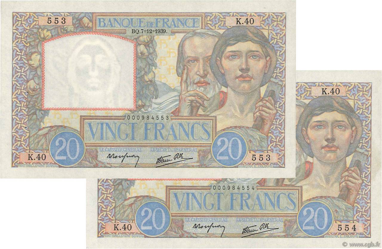 20 Francs TRAVAIL ET SCIENCE Consécutifs FRANKREICH  1939 F.12.01 VZ+