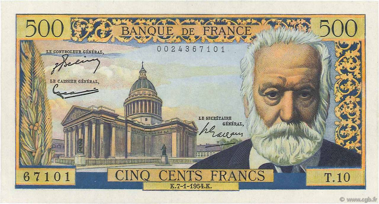 500 Francs VICTOR HUGO FRANCIA  1954 F.35.01 EBC