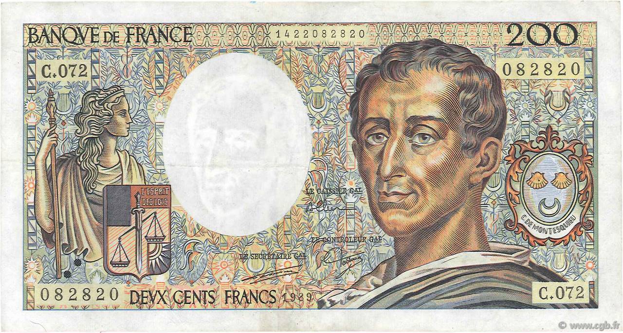 200 Francs MONTESQUIEU Numéro spécial FRANCE  1989 F.70.09 TTB