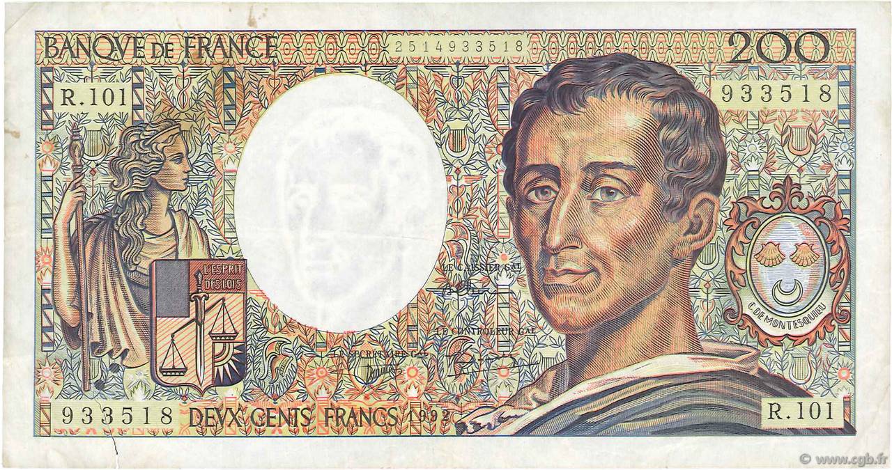 200 Francs MONTESQUIEU alphabet 101 FRANKREICH  1992 F.70bis.01 S