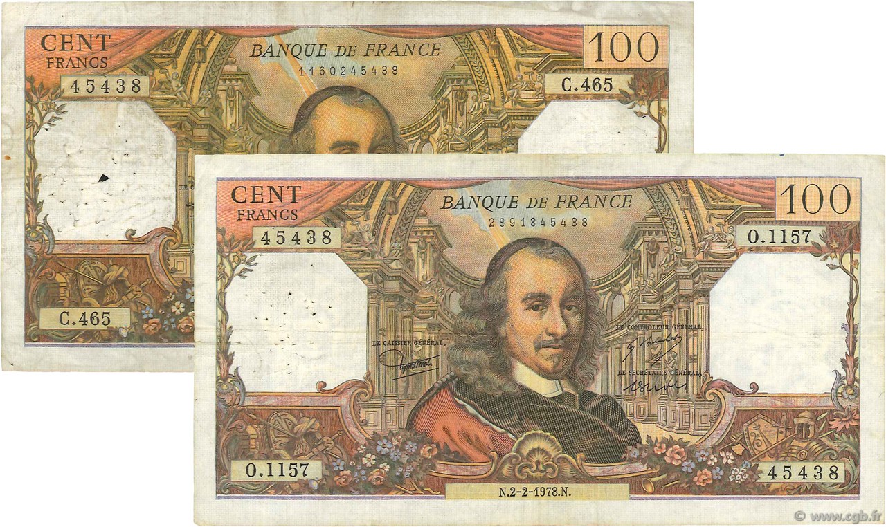 100 Francs CORNEILLE Lot FRANCE  1970 F.65.30 et 61 TB