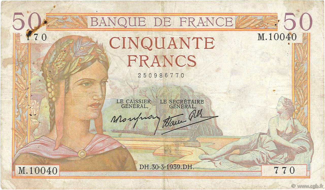 50 Francs CÉRÈS modifié FRANCIA  1939 F.18.24 q.MB