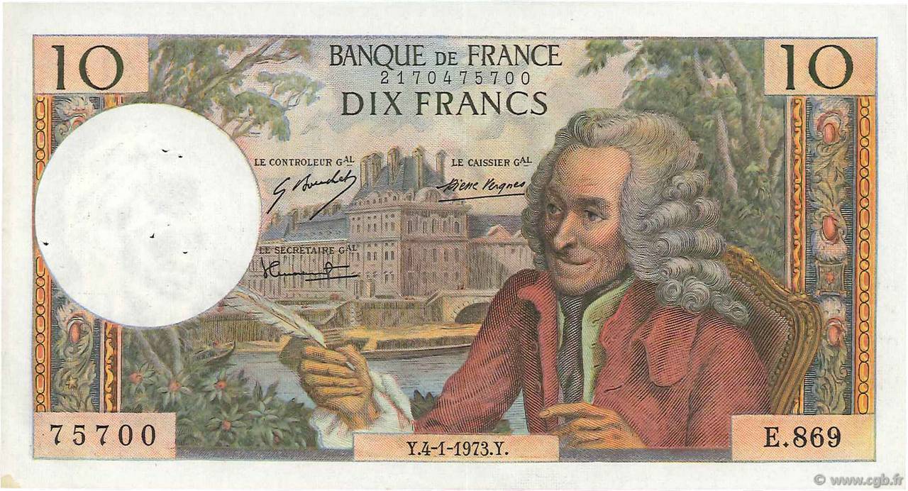 10 Francs VOLTAIRE FRANCE  1973 F.62.60 XF-