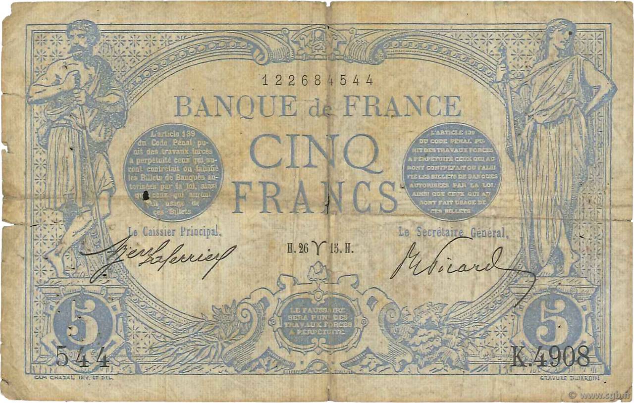5 Francs BLEU FRANKREICH  1915 F.02.25 SGE