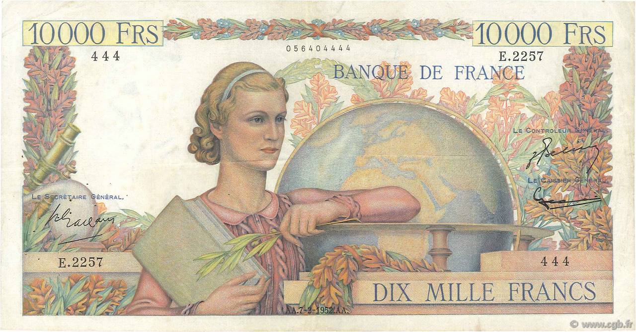 10000 Francs GÉNIE FRANÇAIS FRANCIA  1952 F.50.56 BB