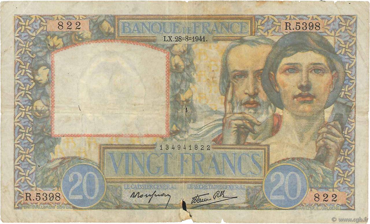 20 Francs TRAVAIL ET SCIENCE FRANCE  1941 F.12.17 VG