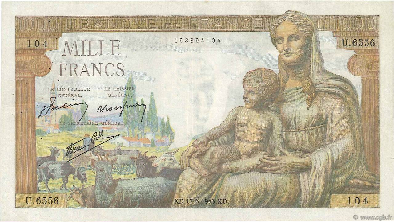 1000 Francs DÉESSE DÉMÉTER FRANKREICH  1943 F.40.27 SS