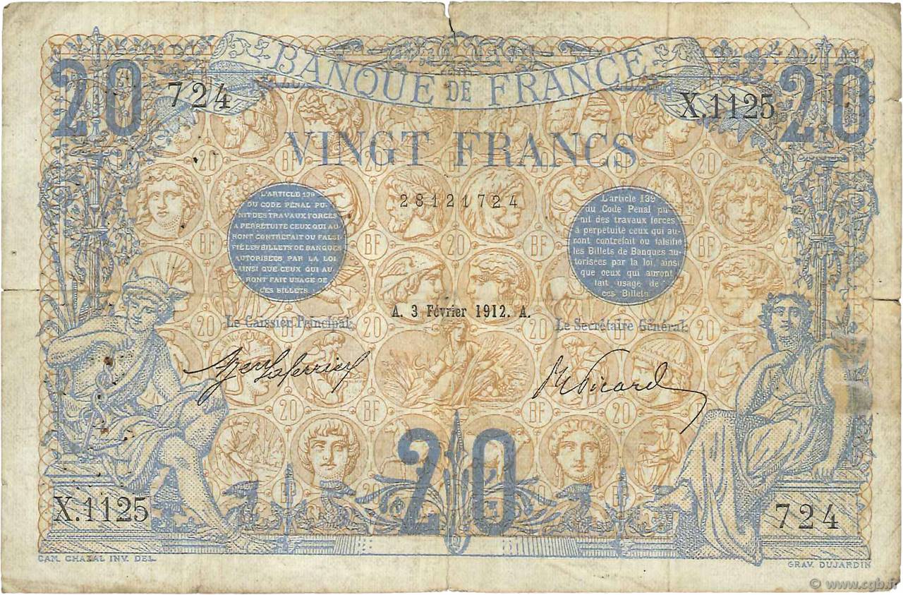 20 Francs BLEU FRANKREICH  1912 F.10.02 SGE
