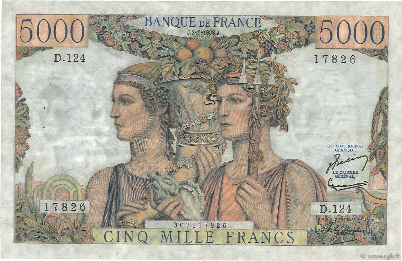 5000 Francs TERRE ET MER FRANCIA  1953 F.48.08 MBC+
