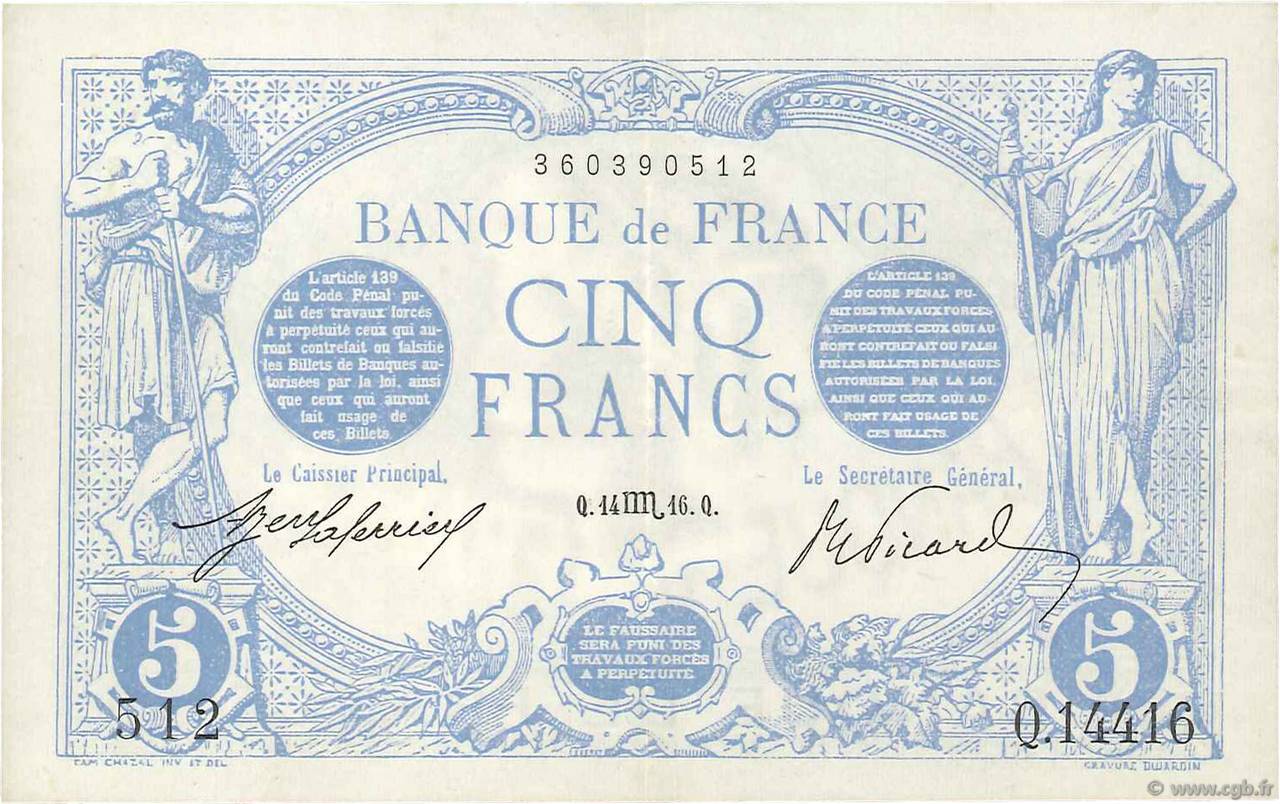 5 Francs BLEU FRANCE  1916 F.02.44 XF-