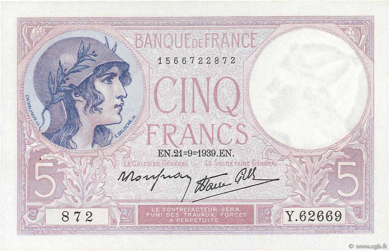5 Francs FEMME CASQUÉE modifié FRANCIA  1939 F.04.09 SC
