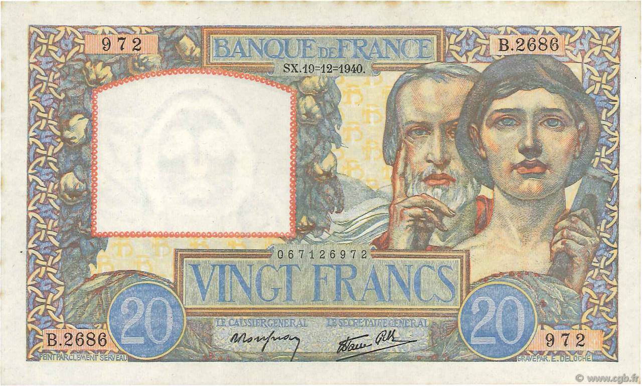 20 Francs TRAVAIL ET SCIENCE FRANCIA  1940 F.12.11 MBC+