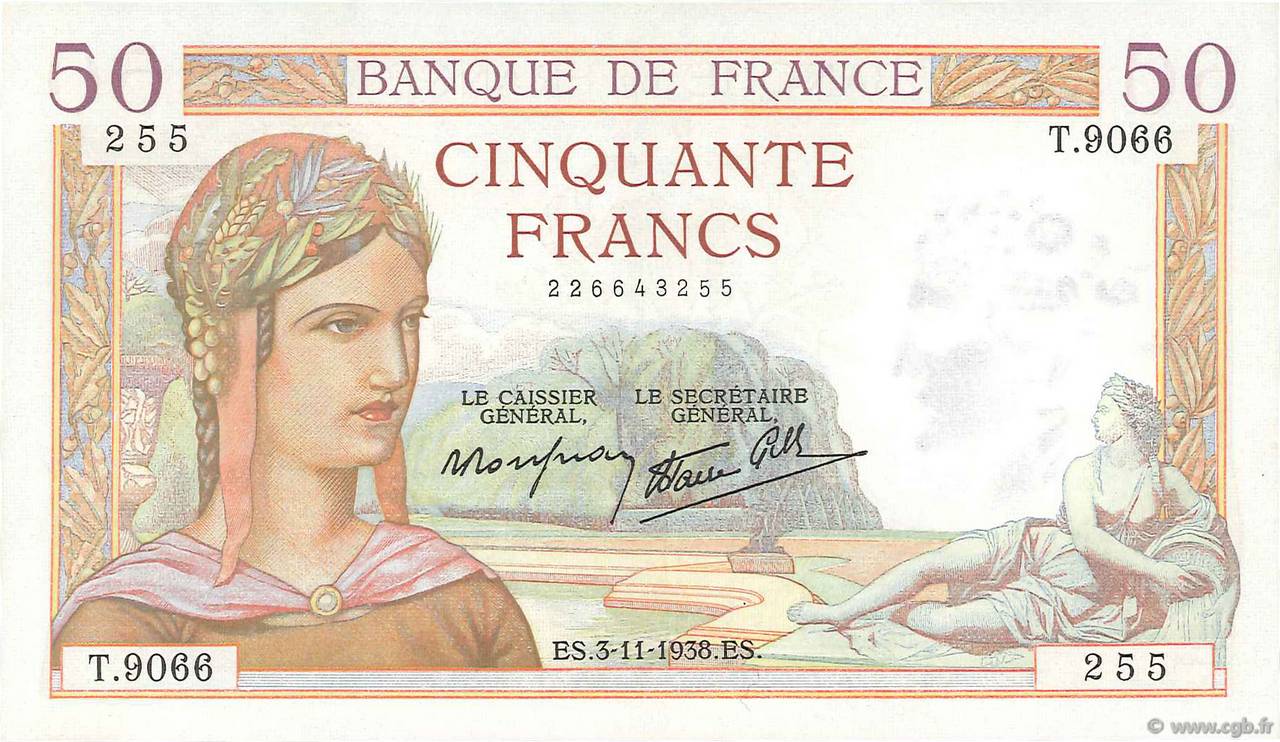 50 Francs CÉRÈS modifié FRANCE  1938 F.18.18 XF