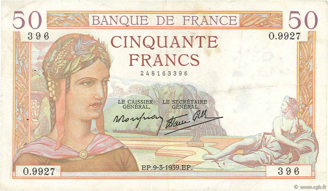 50 Francs CÉRÈS modifié FRANKREICH  1939 F.18.23 fSS