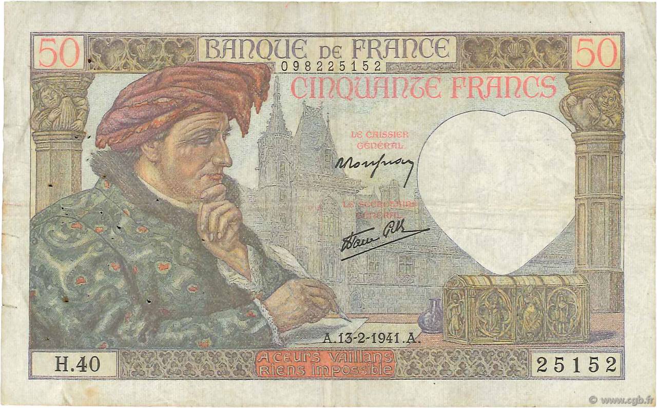 50 Francs JACQUES CŒUR FRANCIA  1941 F.19.06 BC+