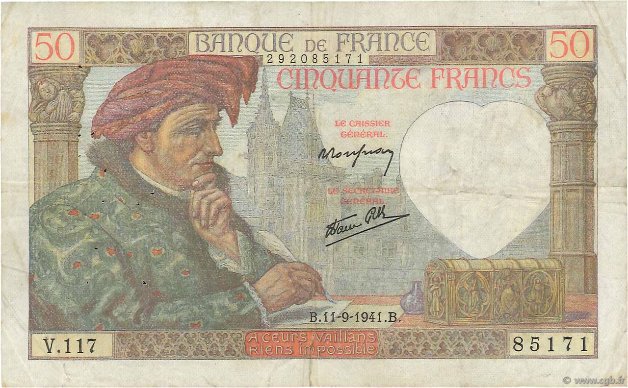 50 Francs JACQUES CŒUR FRANCIA  1941 F.19.14 BC+